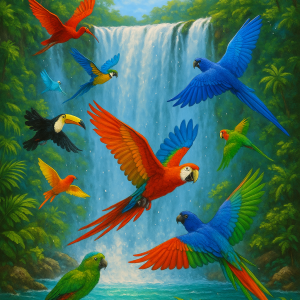 Rainbow Birds At Waterfall