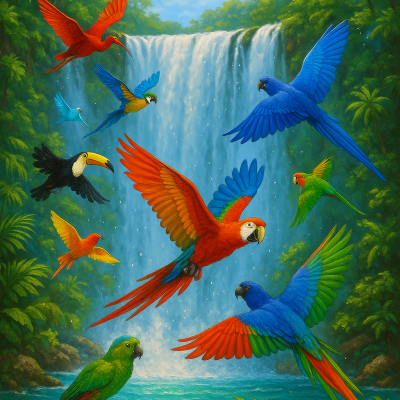 Rainbow Birds at Waterfall_