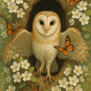 Owl Amidst Spring Blossoms