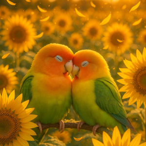 Lovebirds In Sunflower Field