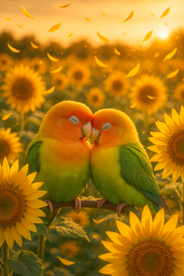 Lovebirds In Sunflower Field