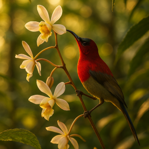 Crimson Sunbird And Orchid