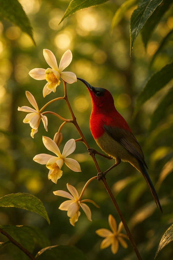 Crimson Sunbird And Orchid