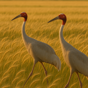 Sarus Cranes In Wheat Field