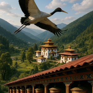 Crane Soaring Over Monastery