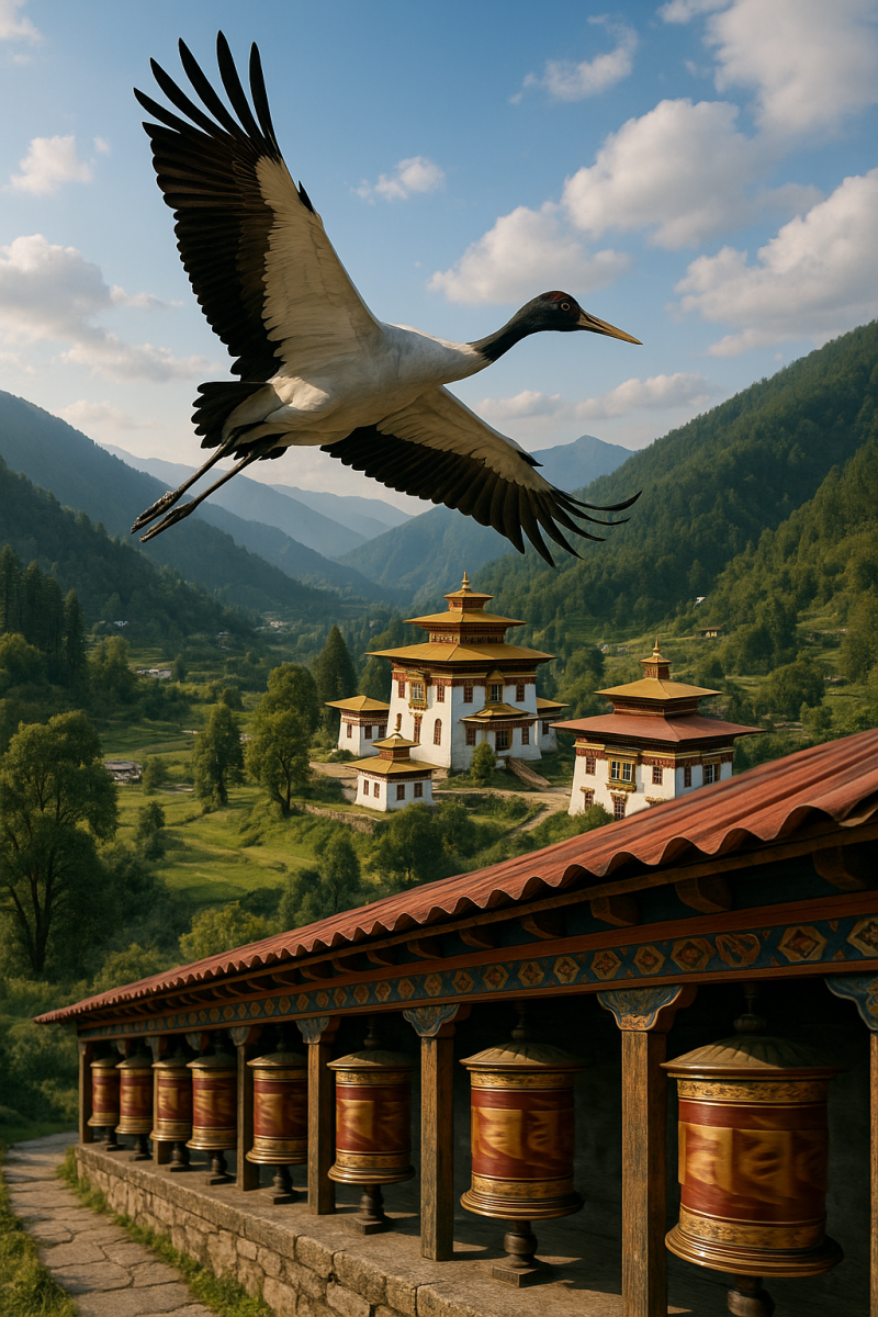 Crane Soaring Over Monastery_