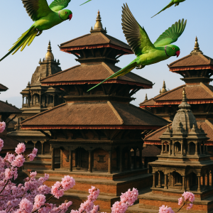 Parakeets Over Nepali Temple