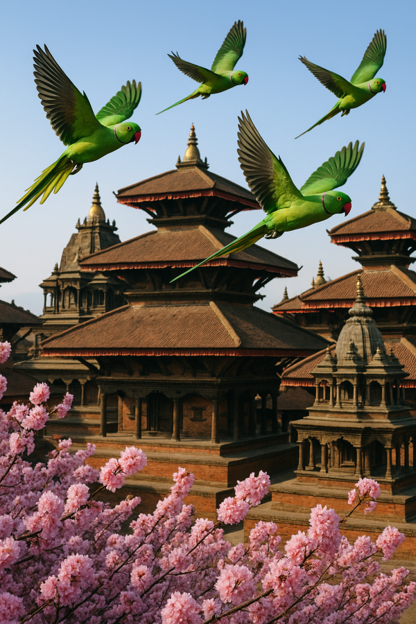Parakeets Over Nepali Temple