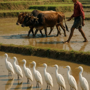 Egrets In Sunlit Paddy