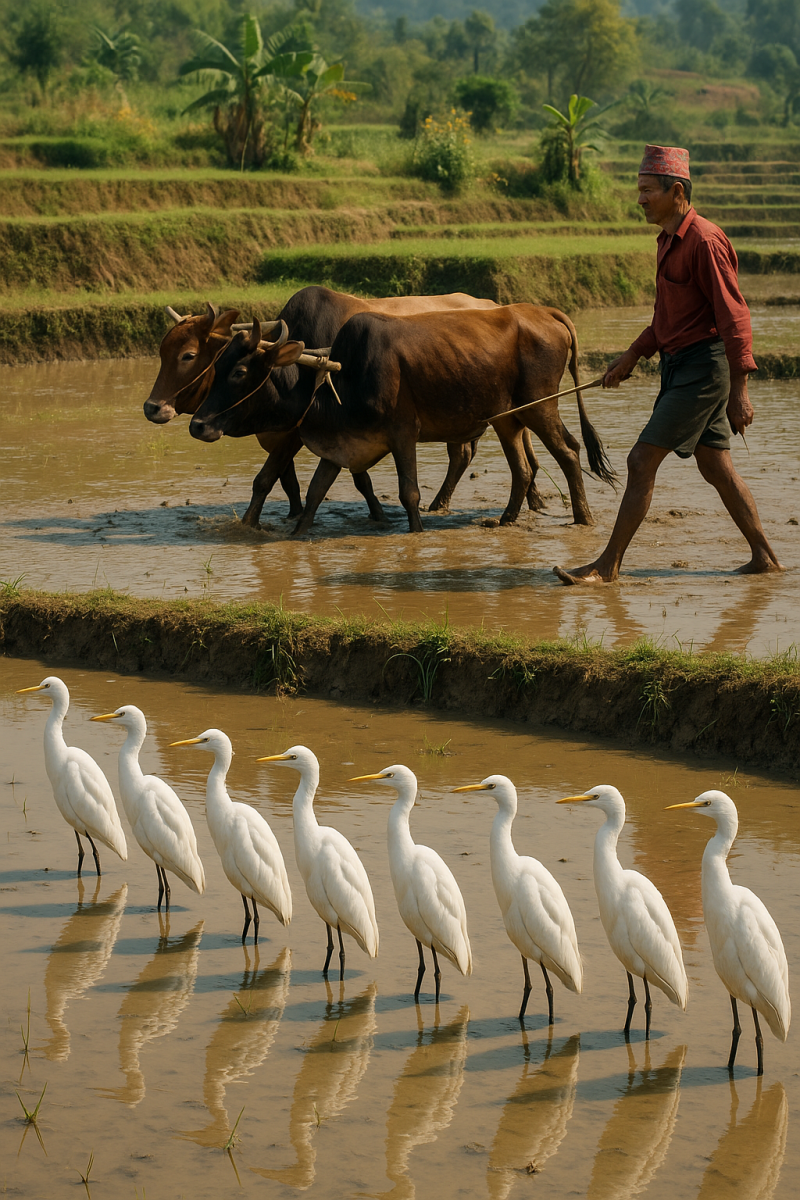 Egrets in Sunlit Paddy_