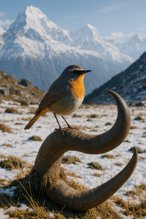 Himalayan Robin On Yak Horn