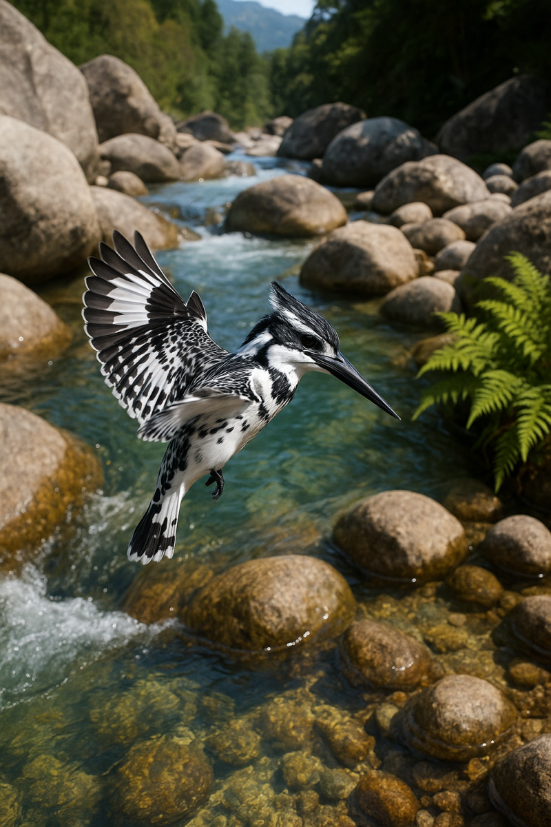 Pied Kingfisher in Flight_