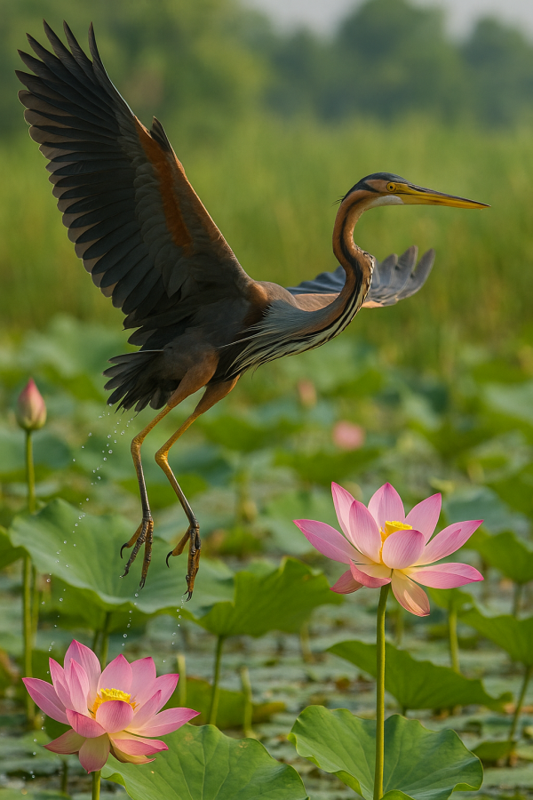 Heron Ascending Over Lotus