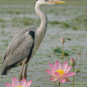 Heron Amidst Blooming Lotus