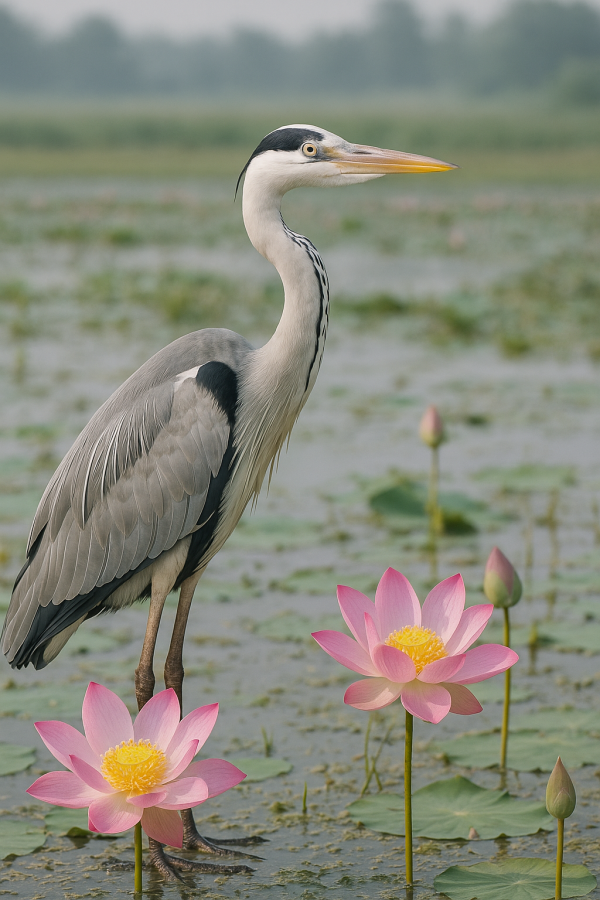 Heron Amidst Blooming Lotus