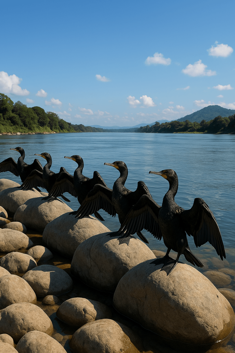 Cormorants on Assam River modern art print for studio or study
