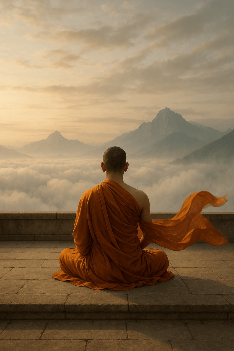 Monk Above Misty Peaks digital artwork for bedroom or office