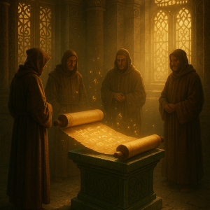 Monks Studying Ancient Scroll Simple