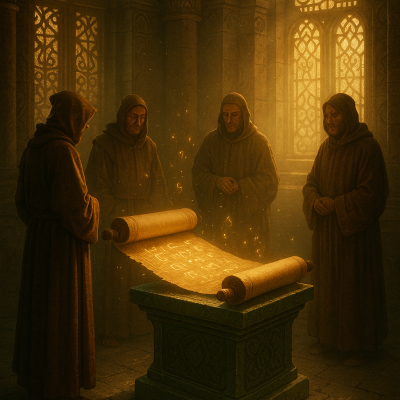 Monks Studying Ancient Scroll_