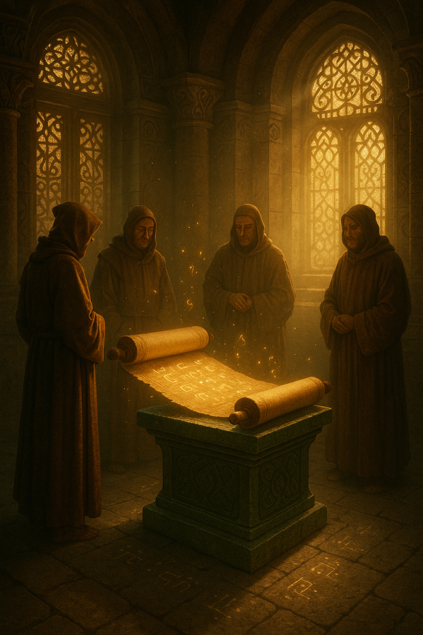 Monks Studying Ancient Scroll Simple