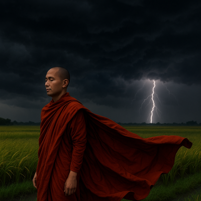 Monk in Stormy Field_