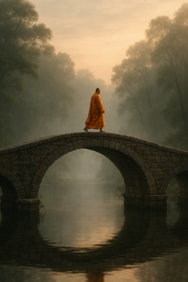 Monk Crossing Misty Bridge_