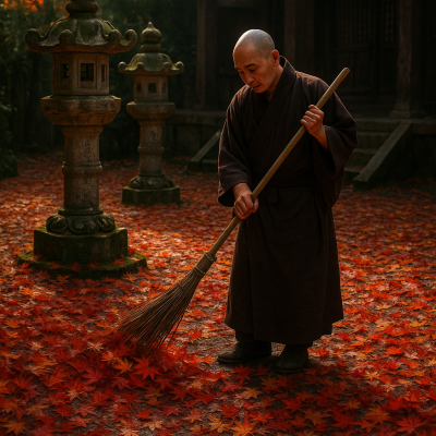 Monk Sweeps Autumn Leaves_