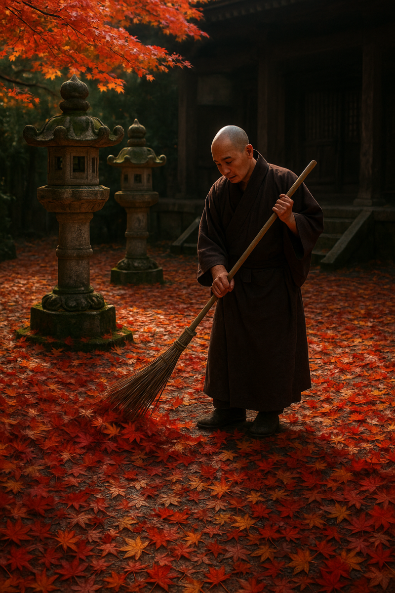 Monk Sweeps Autumn Leaves_