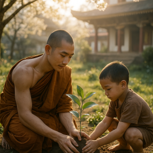 Monk And Child Gardening