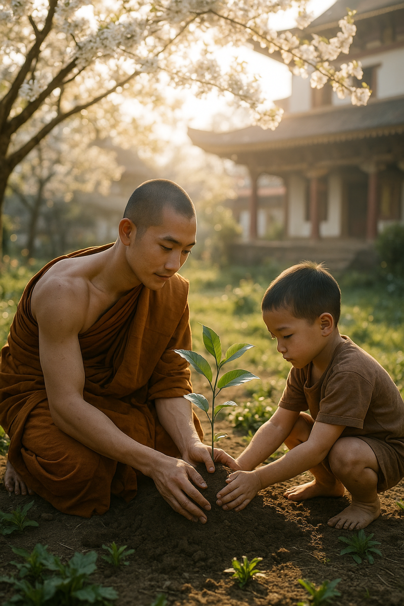 Monk and Child Gardening_
