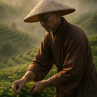 Monk Harvesting Tea_