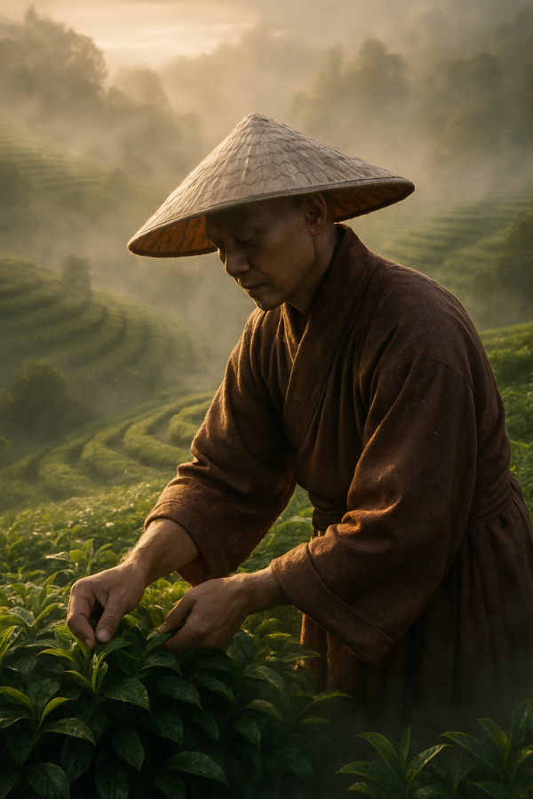 Monk Harvesting Tea