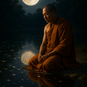 Monk By Moonlit Pond