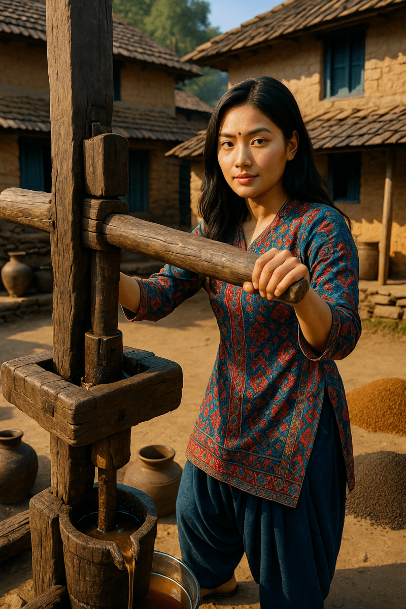 Rai Woman Pressing Oil wall art print for home decor