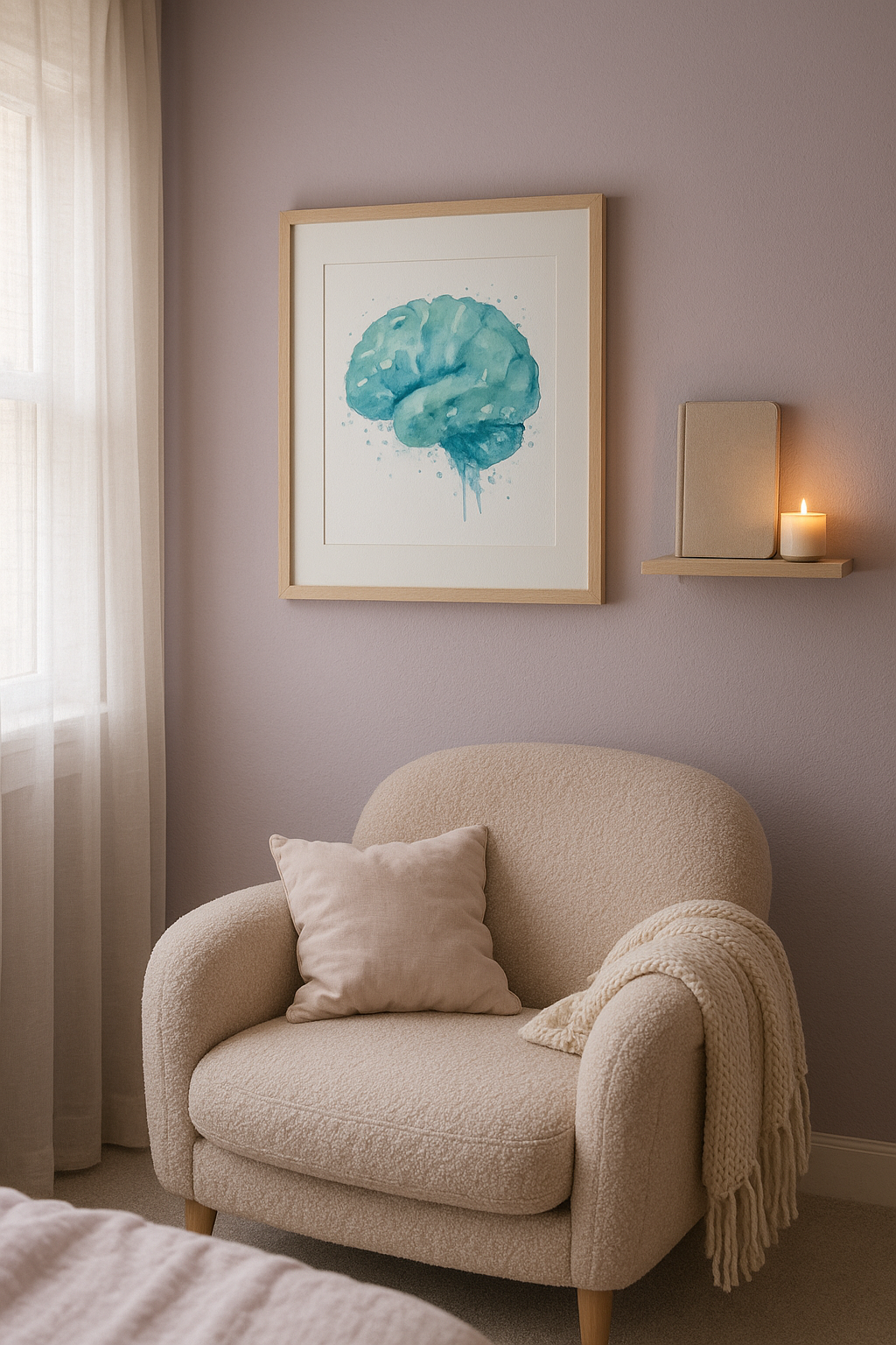 Lavender bedroom corner with a misty forest print for calming mental health