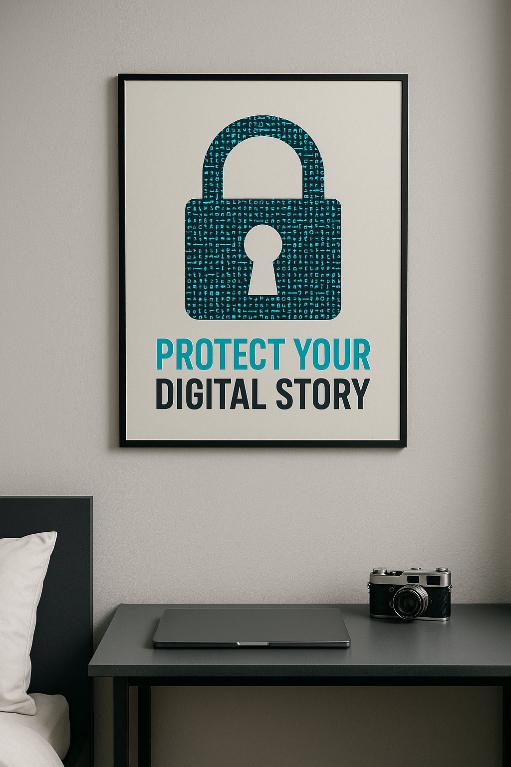 Pixelated lock poster reading ‘Protect Your Digital Story’ reminding teens about privacy