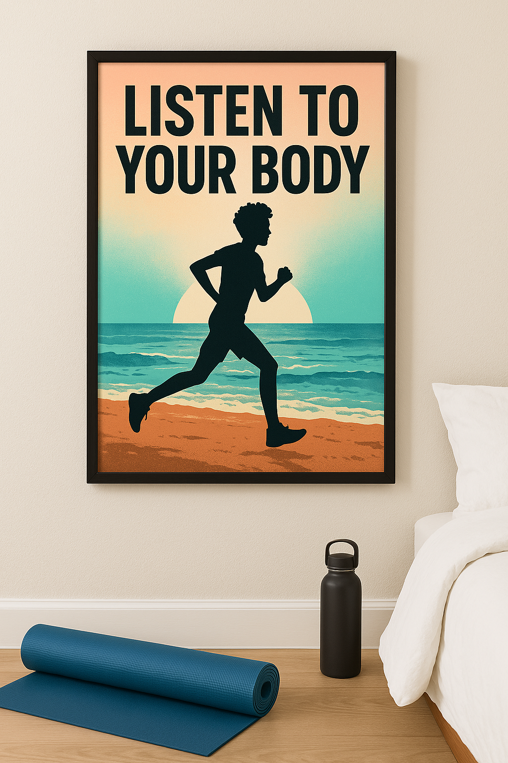Sunrise beach run print with motivational text ‘Listen to Your Body’