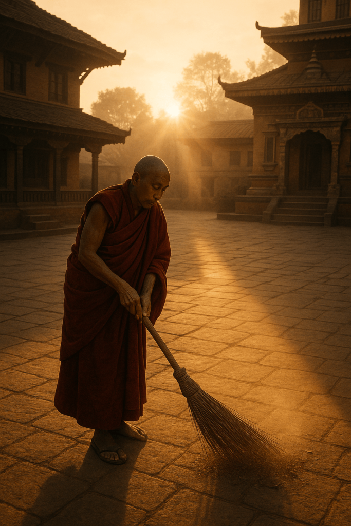 Monk Sweeping At Dawn modern art print for studio or study