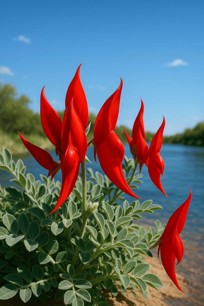 Crimson Blooms On Riverbank contemporary art piece for any space