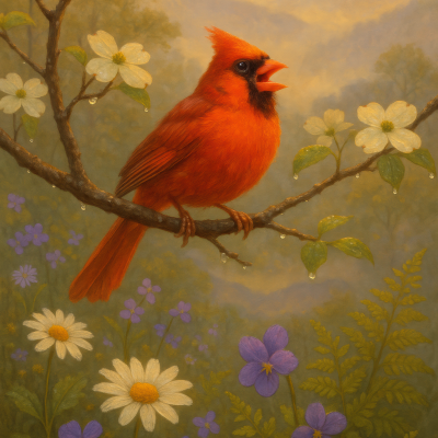 Cardinal Amidst Wildflowers(4K)