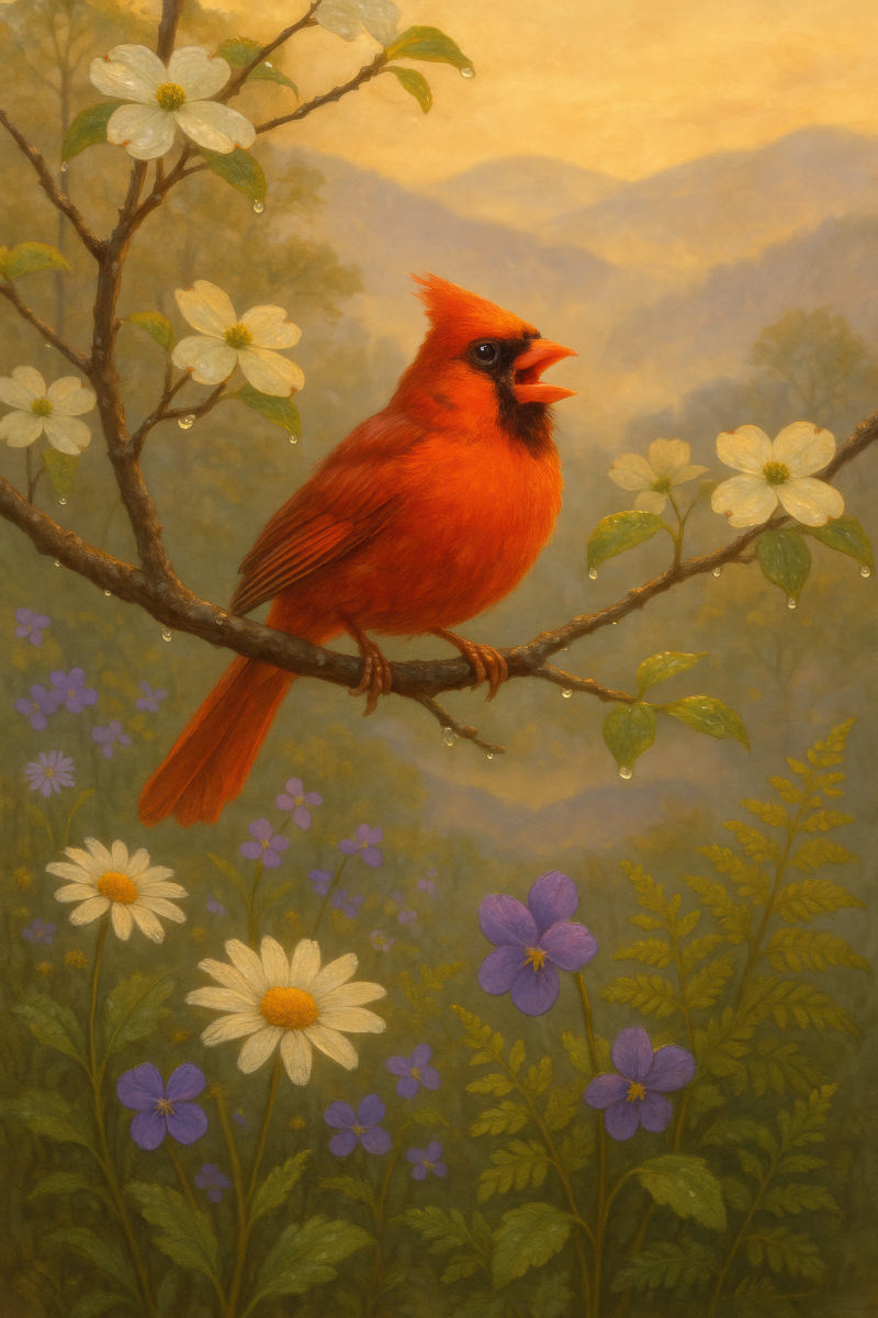 Cardinal Amidst Wildflowers