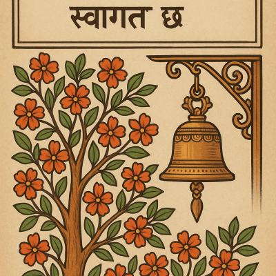 फूलों का पेड़ और प्रार्थना घंटी digital artwork for bedroom or office