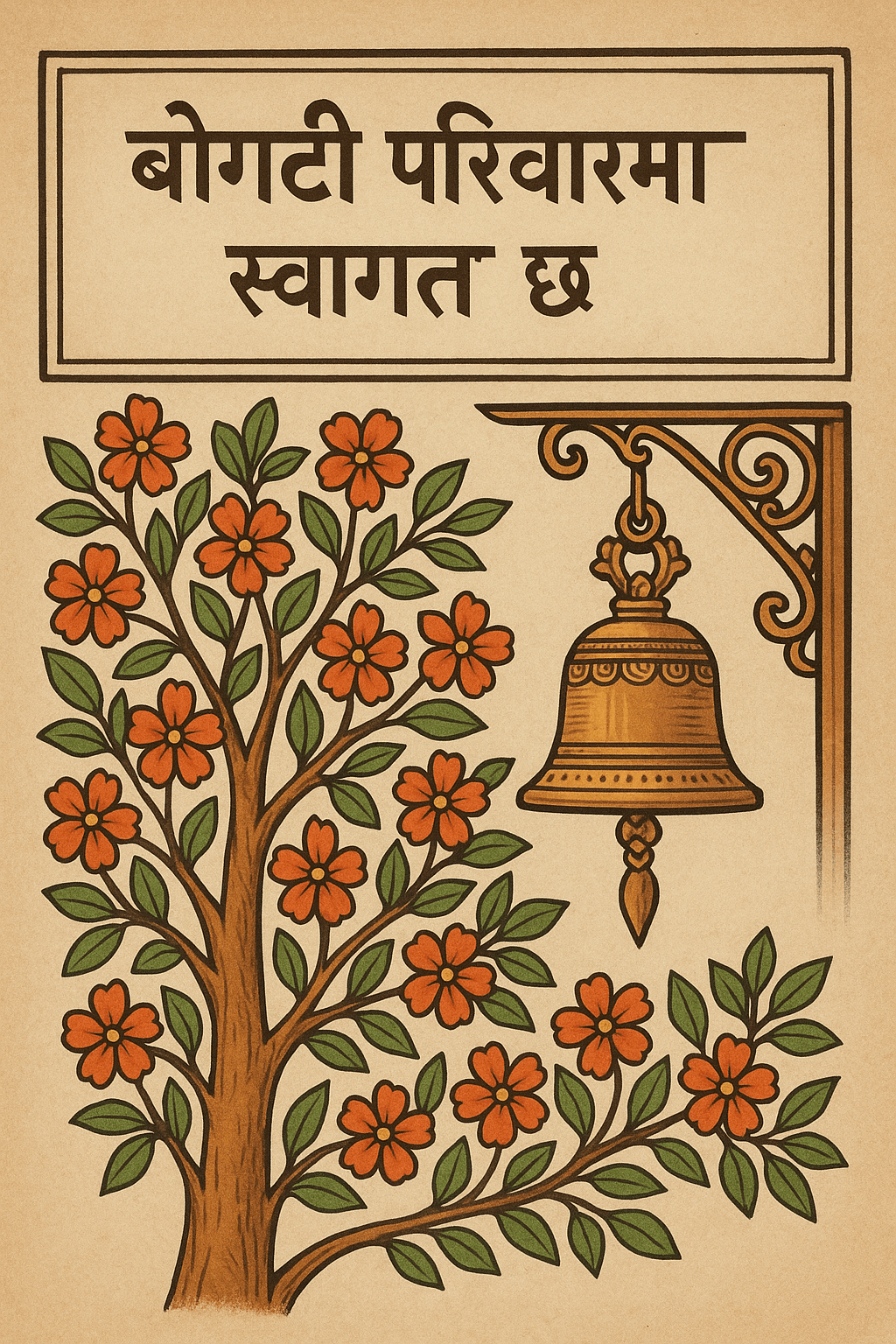 फूलों का पेड़ और प्रार्थना घंटी digital artwork for bedroom or office