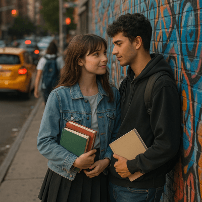 Urban Schoolyard Romance digital artwork for bedroom or office